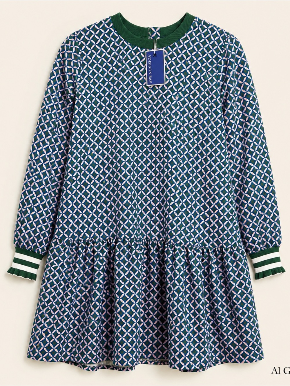 Addison Bay Navy Geometric Long-Sleeve Vine Dress with Green Trim - Picture 2 of 4